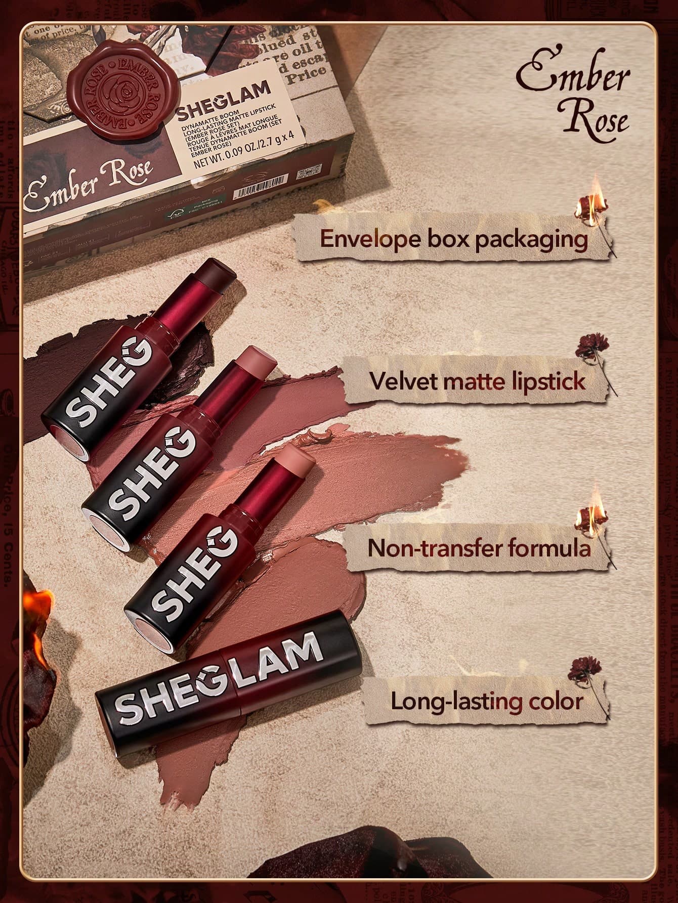 SHEGLAM Dynamatte Boom Long-Lasting Matte Lipstick (Ember Rose Set) / بكج شيكلام حمر ستيك مات امبر روز