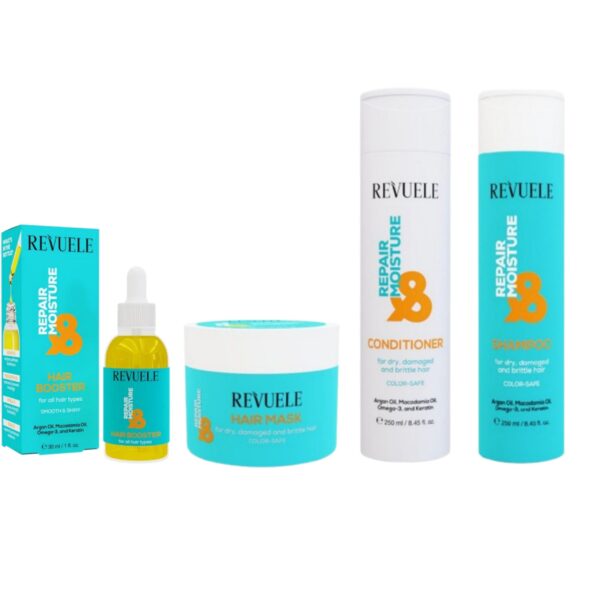 Revuele repair moisture package |
بكج ترميم و ترطيب الشعر يتكون من شامبو و بلسم و ماسك و سيرم من ريفولي