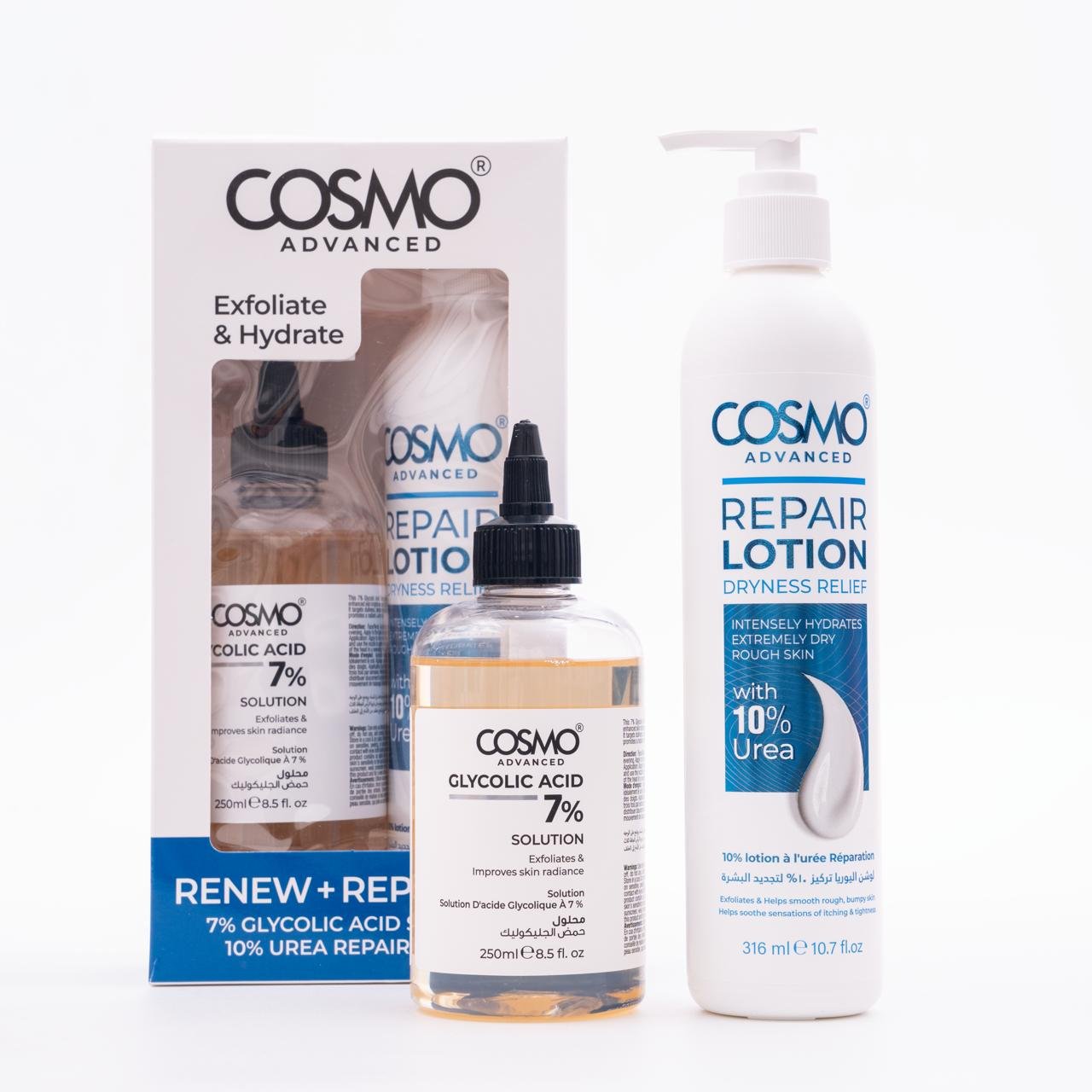 Cosmo Advanced Renew + Repair Set (Glycolic Acid 7% + 10% Urea Repair Lotion) |مجموعة كوزمو أدفانسد للتجديد والترميم - محلول حمض الجليكوليك 7% ولوشن اليوريا 10% - الصورة 4