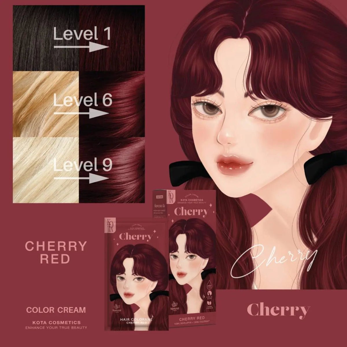 Kota Cosmetics Color Cream - Cherry Red |كوتة كوزمتكس صبغة شعر كريمية - لون تشيري ريد (أحمر كرزي) - خلاصة طبيعية - الصورة 4